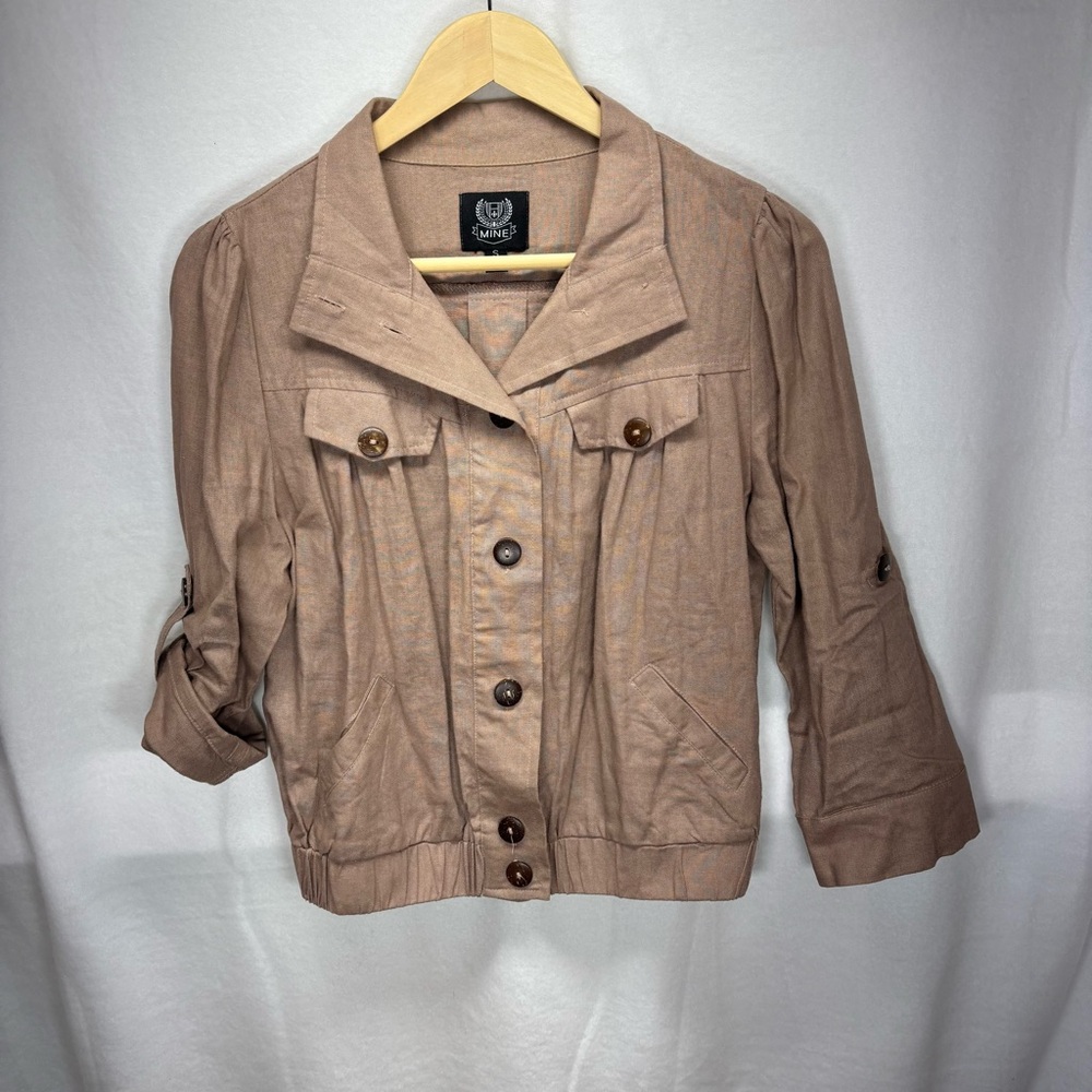 MINE Cropped Linen Brown Button Up Roll Tab Jacket Sz S